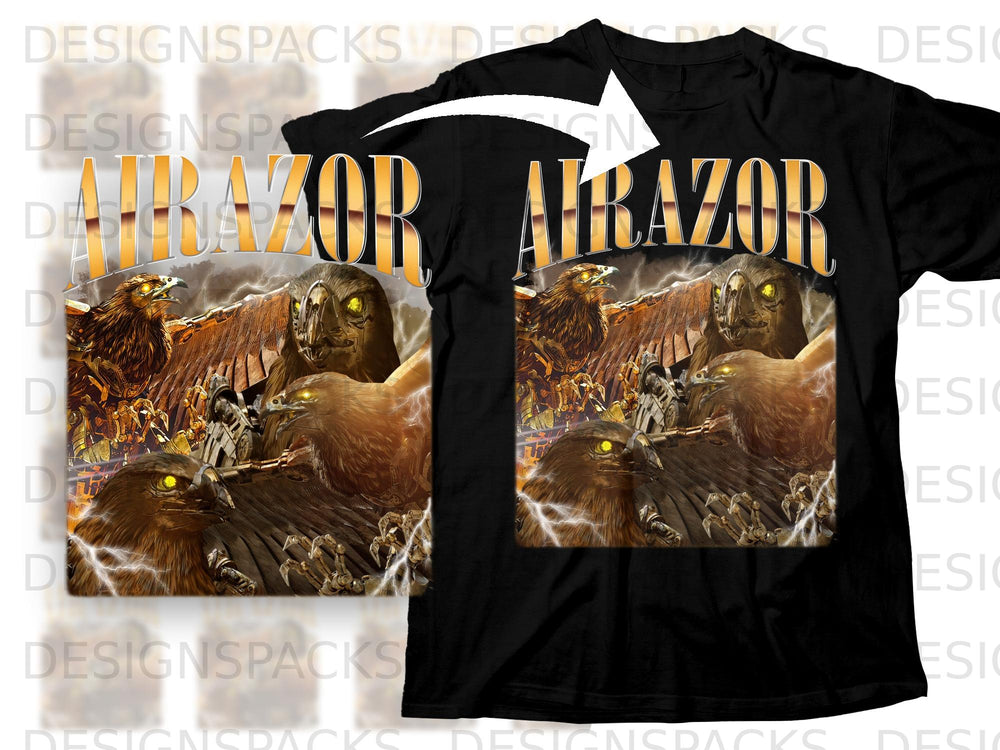 Black t-shirt featuring "AIRAZOR" text and birds with mechanical elements.
