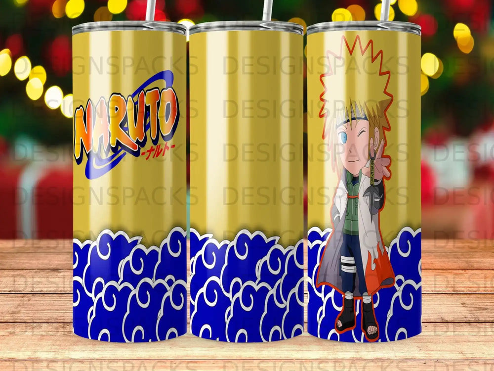 Naruto character on a yellow and blue patterned tumbler with "Naruto" text.