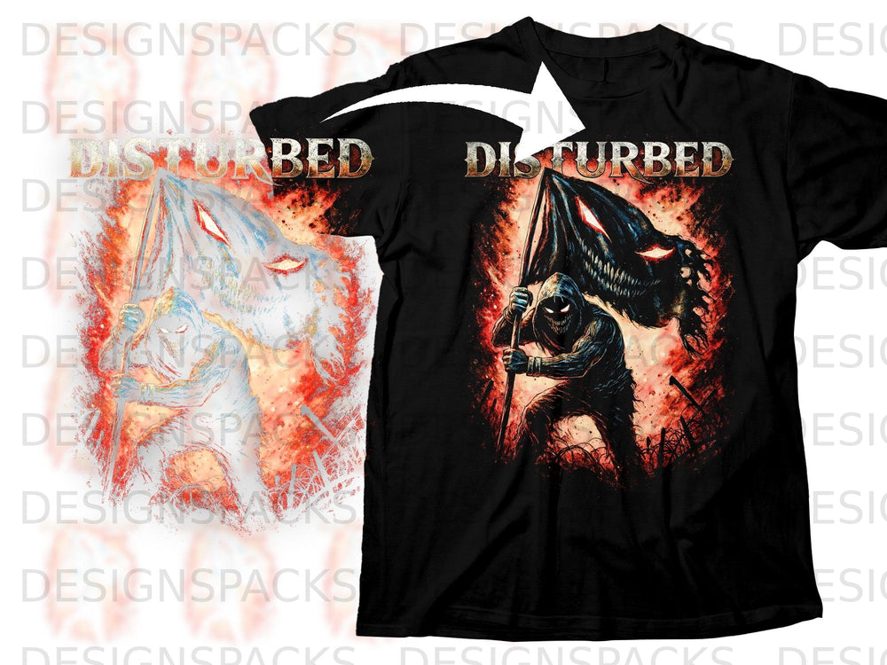 Black t-shirt with "Disturbed" band logo and a hooded figure holding a flag.