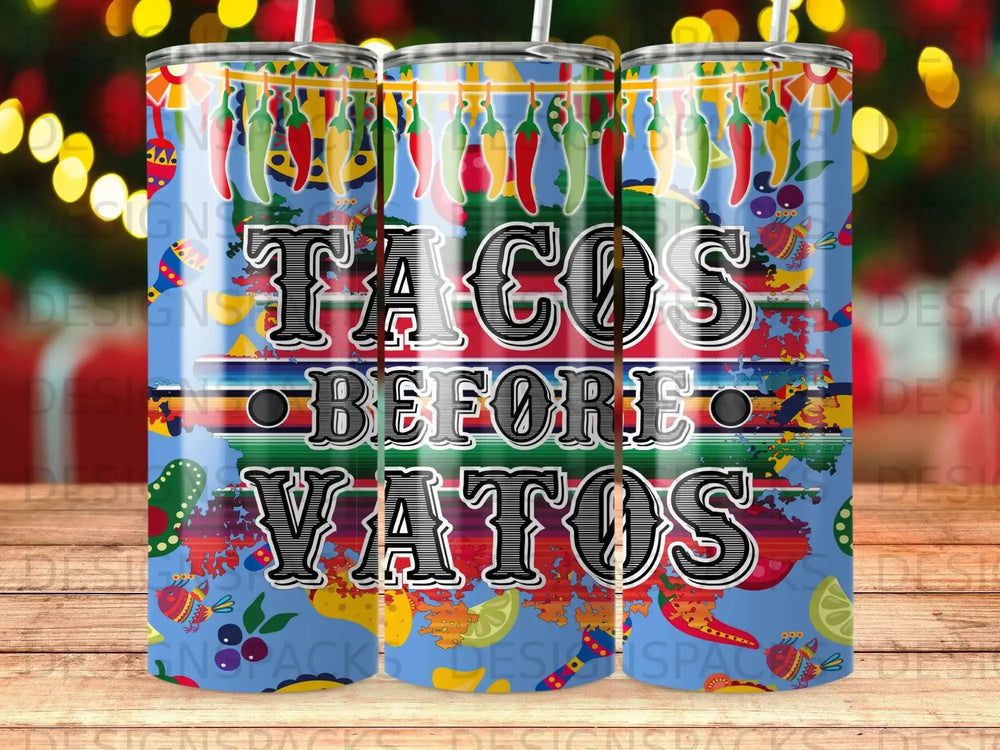 Tacos Before Vatos text on colorful, patterned background with chili peppers and flag elements.