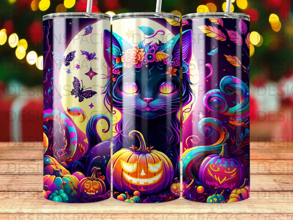Halloween cat with pumpkins, butterflies, and floral accents.