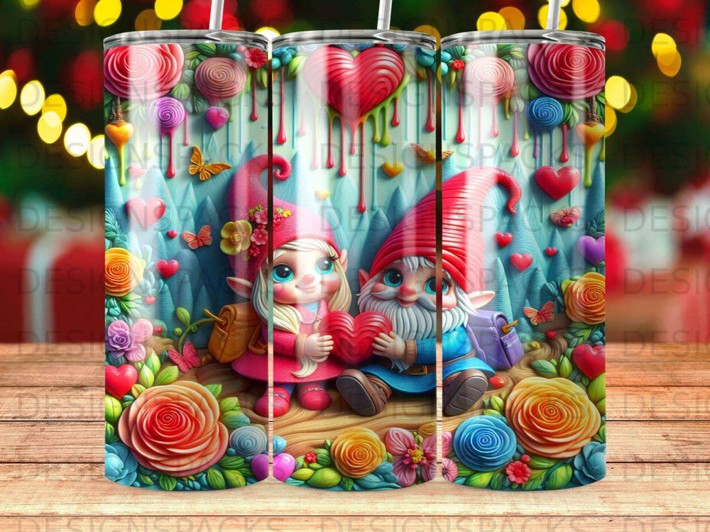 Two gnomes holding hearts, surrounded by flowers and woodland elements.
