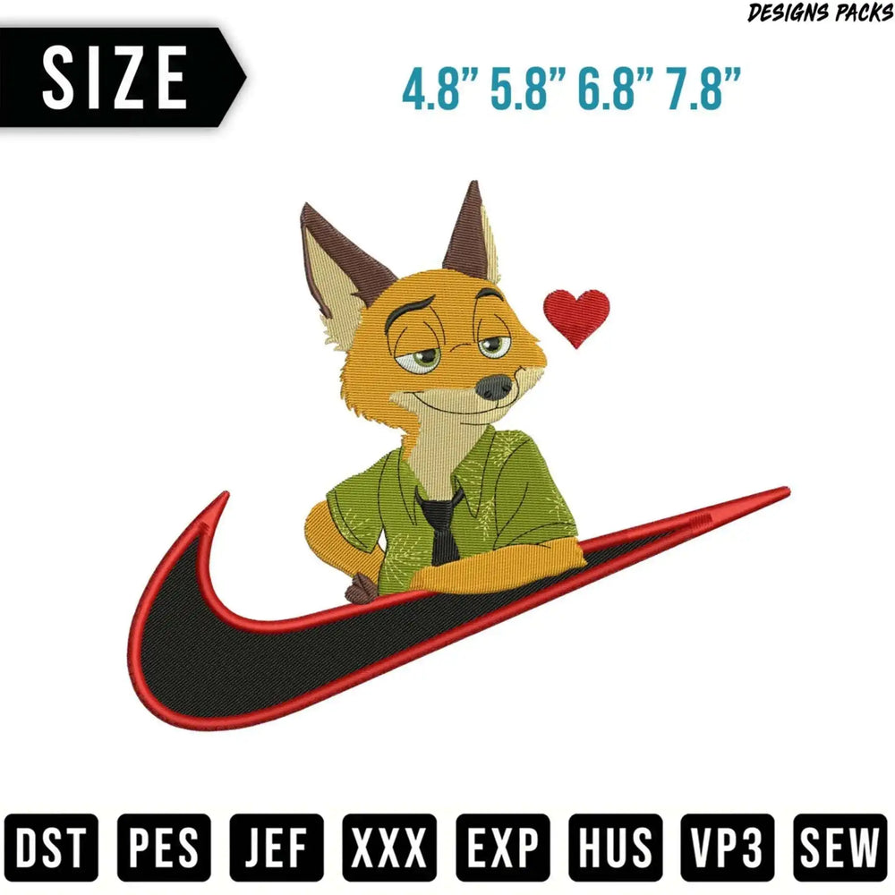 Nick Wilde character with Nike logo and embroidery file format options.