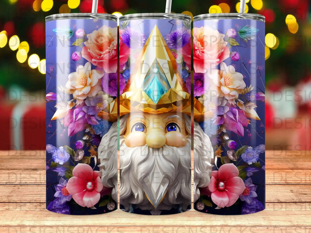 Gnome with golden hat and beard surrounded by vibrant flowers and foliage.