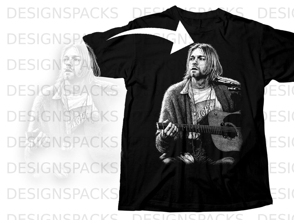Black t-shirt with Kurt Cobain playing guitar graphic.