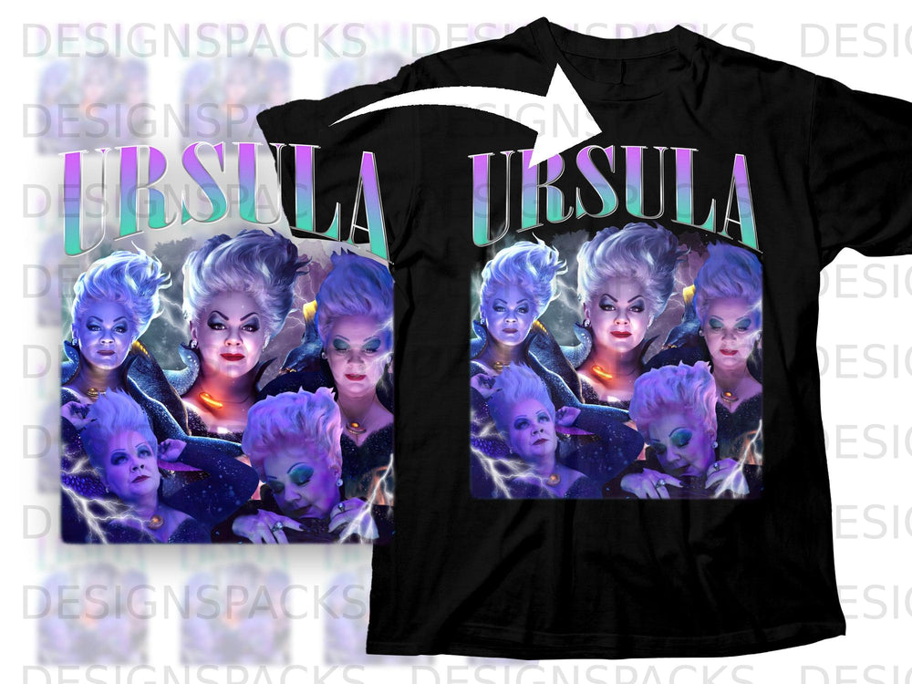 Black t-shirt featuring Ursula from The Little Mermaid with lightning effects.