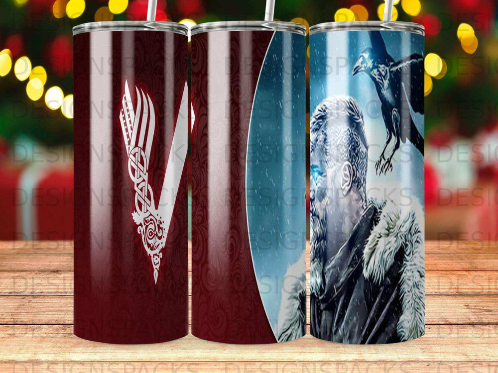 Viking warrior with glowing blue eyes and a raven on a patterned tumbler.