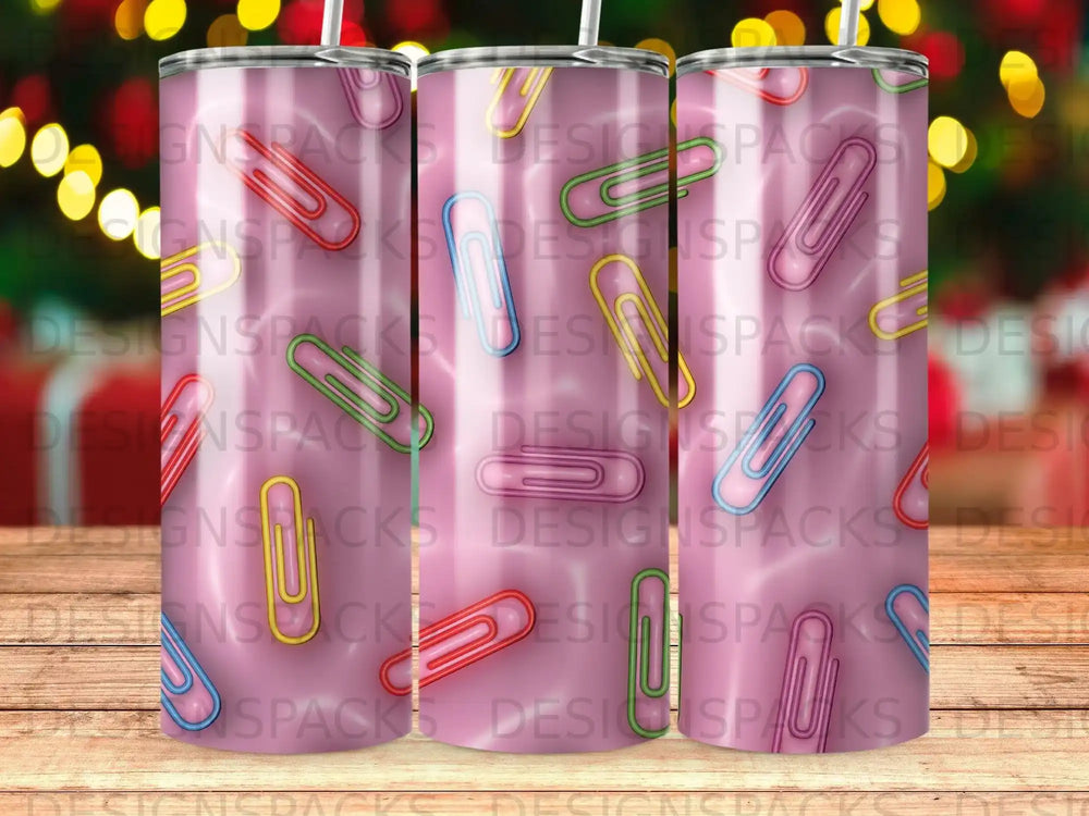 Three tumblers with pink and purple diagonal stripes and the watermark "DESIGNSPACKS".