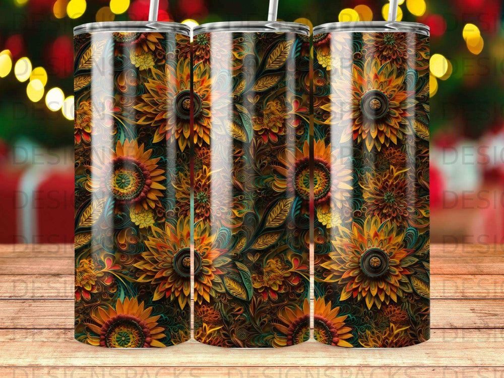 Sunflower pattern on a tumbler, with bokeh lights in the background.