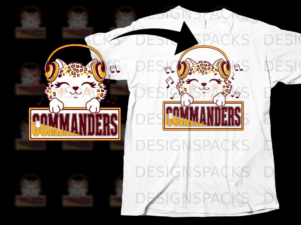 Cute leopard with headphones holding "COMMANDERS" sign on a t-shirt.