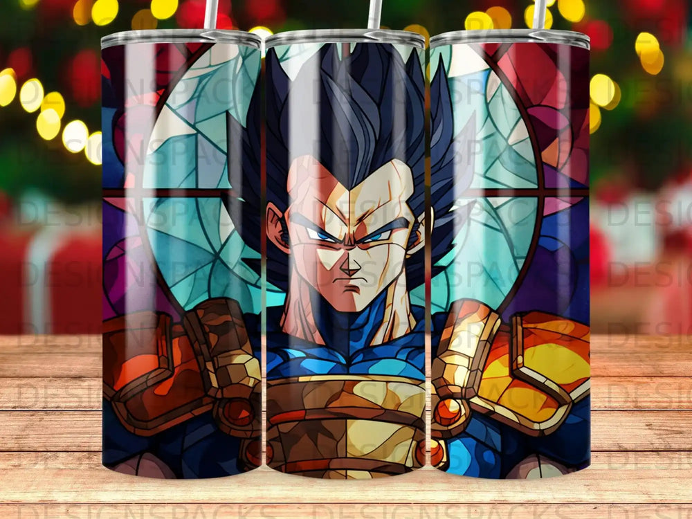 Dragon Ball Z Vegeta stained glass style portrait on a tumbler cup.