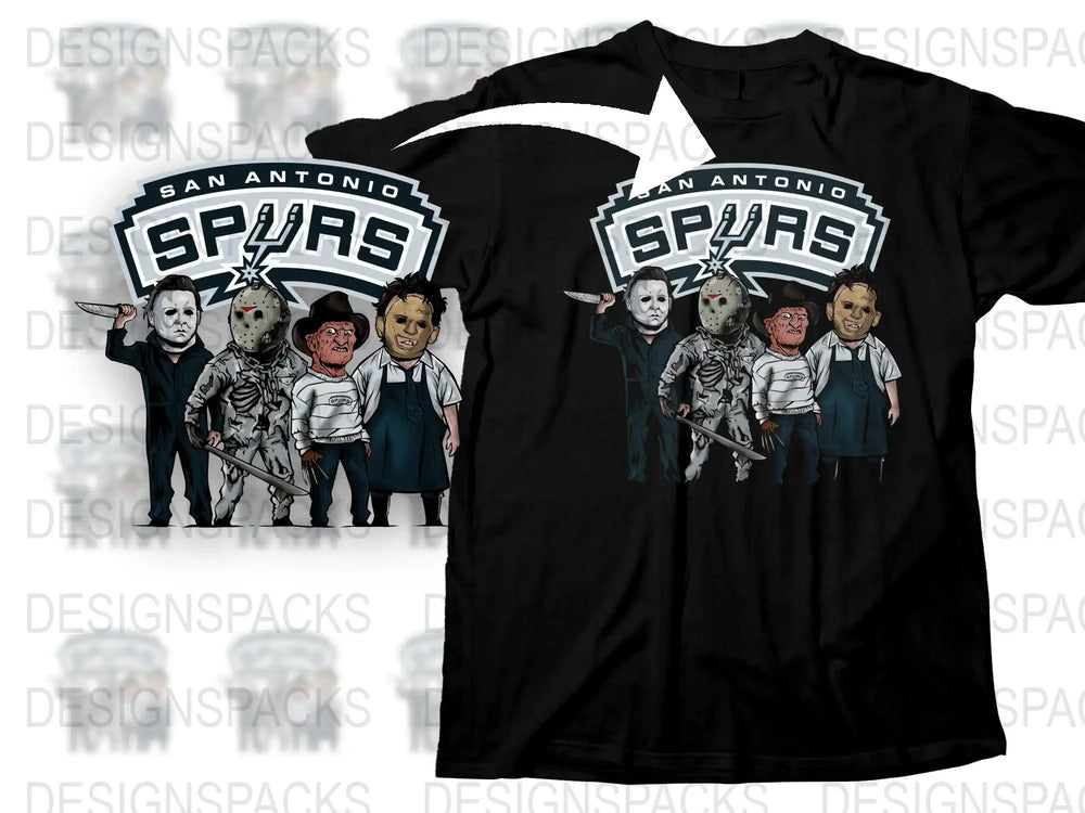 San Antonio Spurs Horror Movie Characters Themed T-Shirt, Unique Graphic Tee, Halloween Inspired, Men's Fashion Shirt
