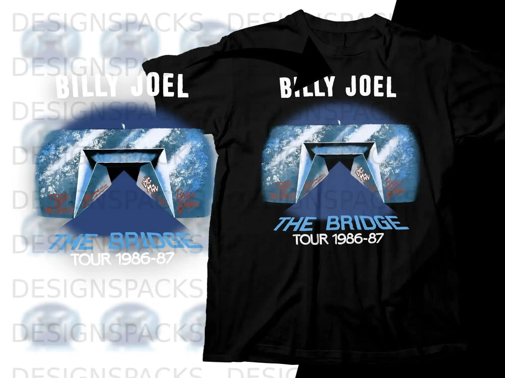 Billy Joel "The Bridge" Tour 1986-87 graphic on black t-shirts.