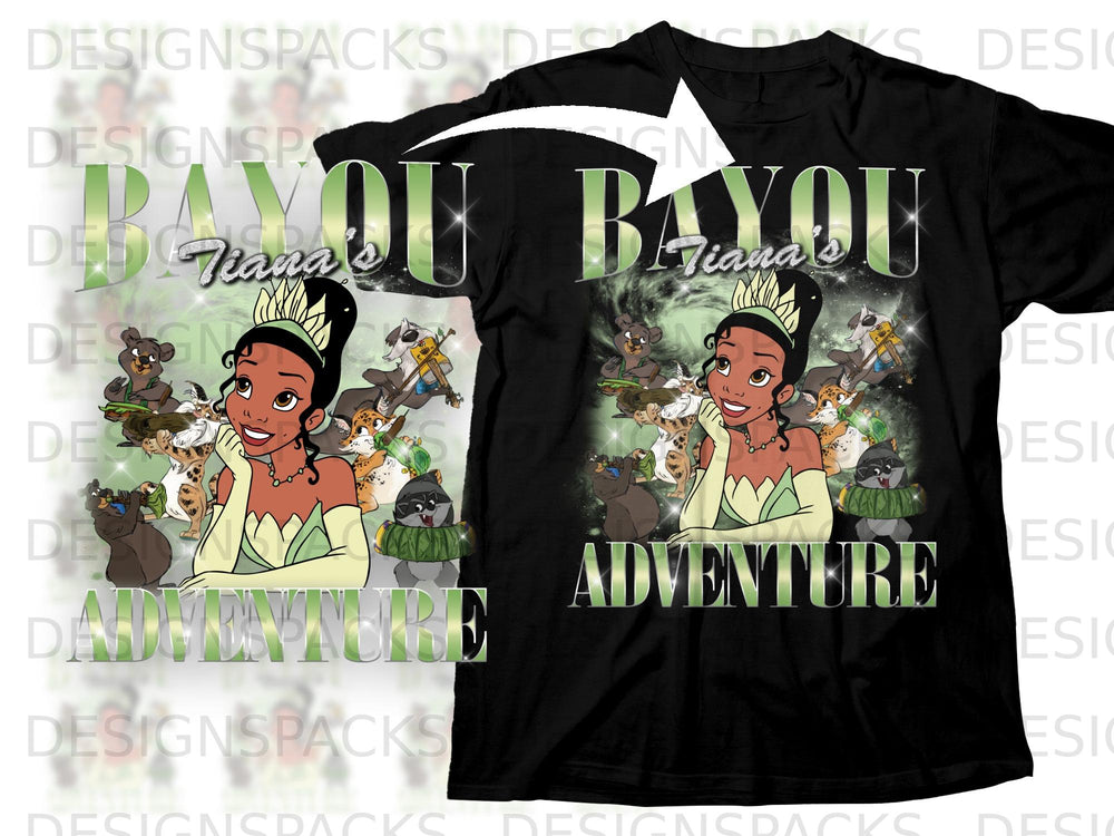 Tiana with Bayou Adventure text and woodland creatures on a black t-shirt.