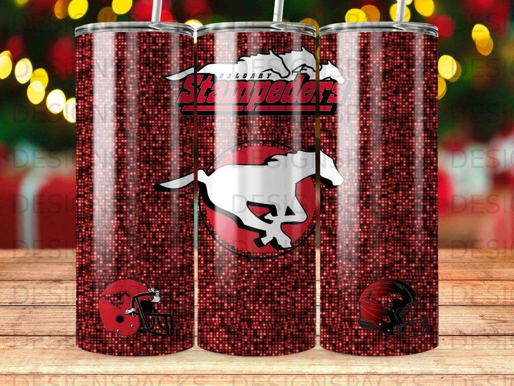 Calgary Stampeders logo and helmet on a sparkly red tumbler.