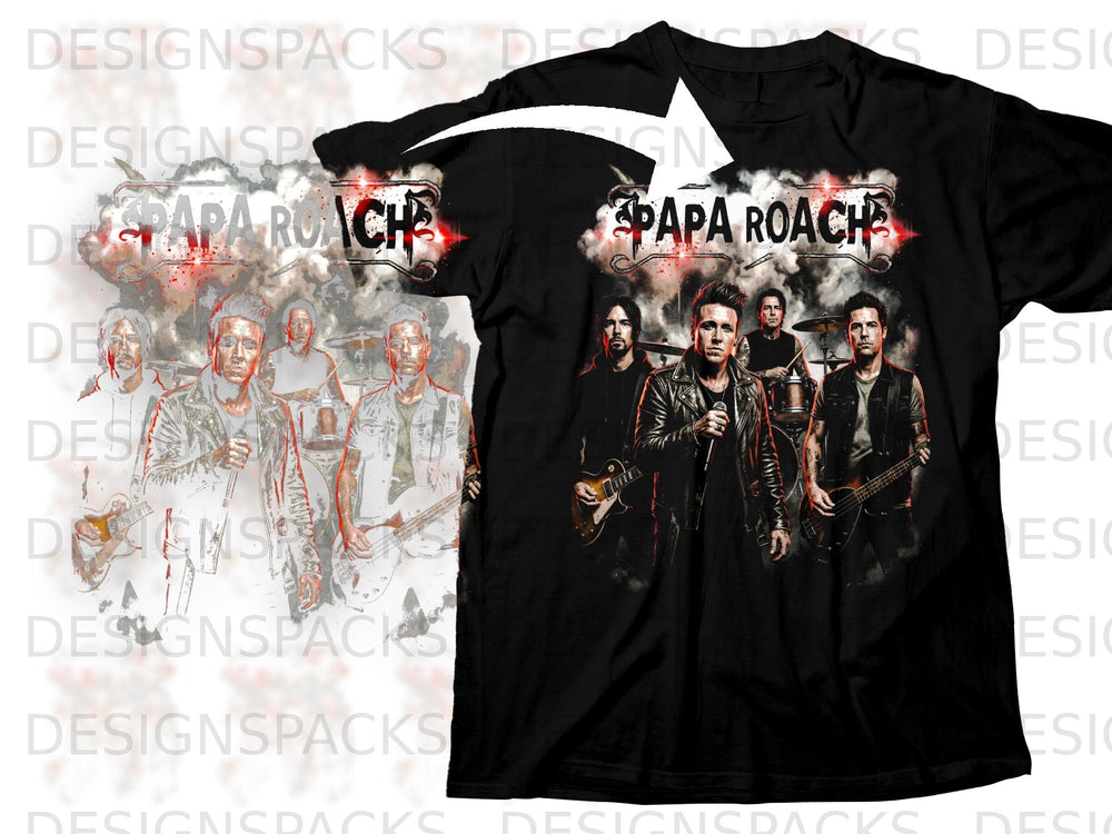 Black t-shirt with Papa Roach band members and logo graphic.