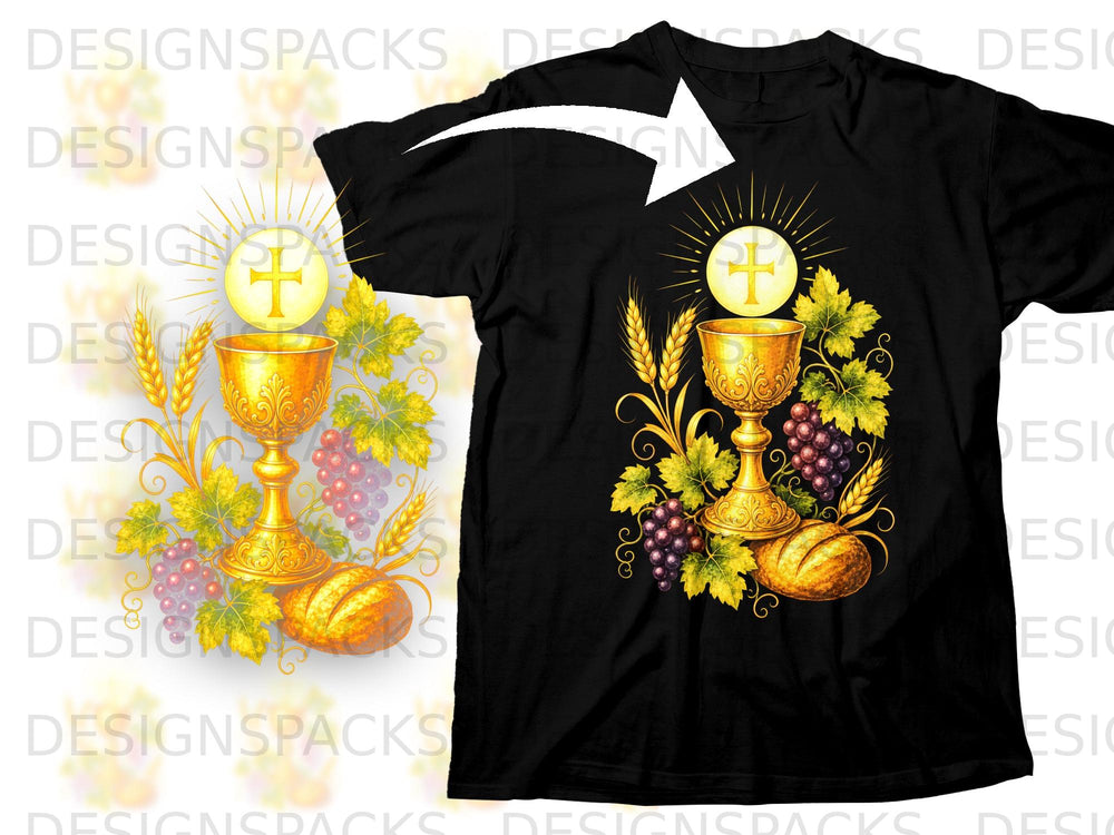 Black t-shirt with a religious design featuring a golden chalice, host, grapes, wheat, and bread.