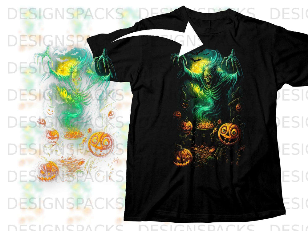 Black t-shirt with a spooky, glowing green skeleton and pumpkins Halloween graphic.