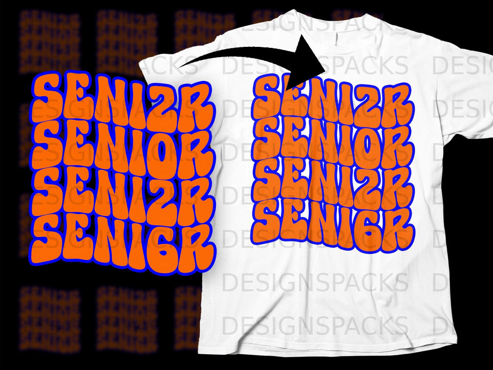 White t-shirt with stacked orange "SENIOR" text and blue outlines.