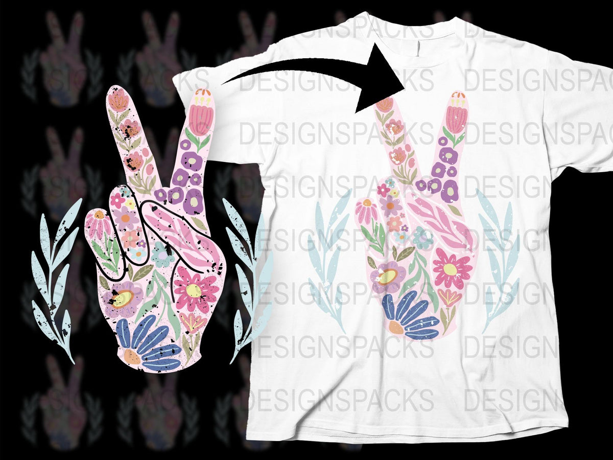 Floral Peace Sign T-Shirt, Colorful Hand Gesture Graphic Tee, Boho Style Apparel for Men and Women