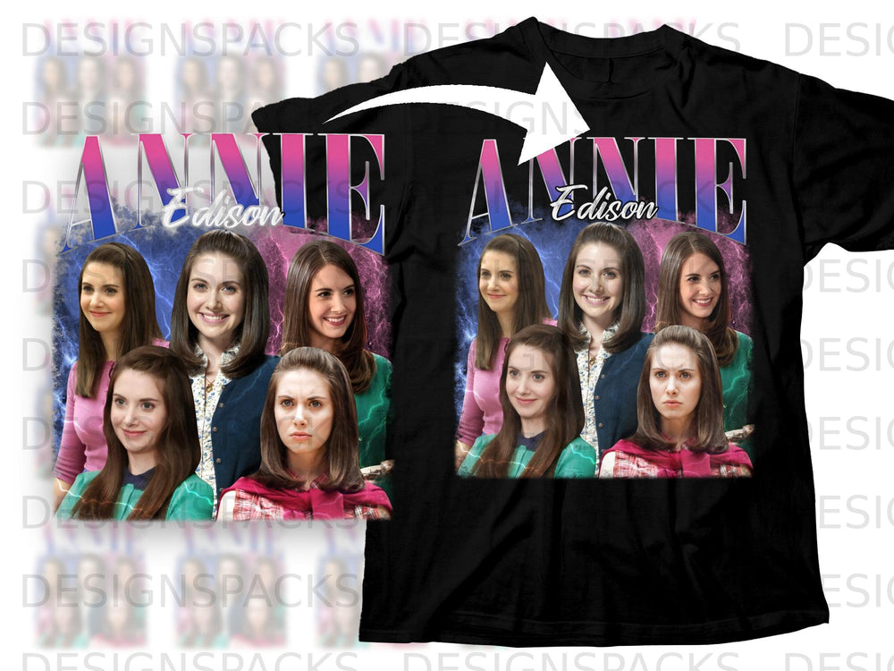 Collage of women from Community with "Annie Edison" text on black t-shirt.