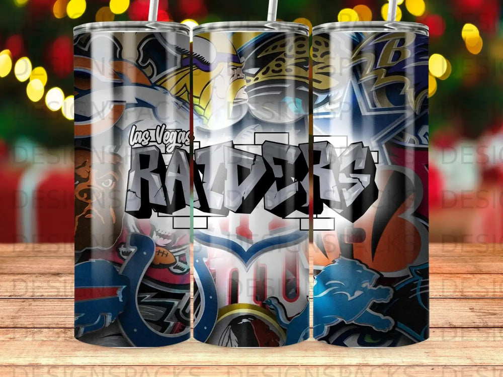 Las Vegas Raiders graffiti design on three tumblers with bokeh lights background.