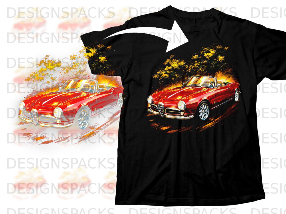 Black t-shirt with a graphic of a red convertible car with fiery accents.