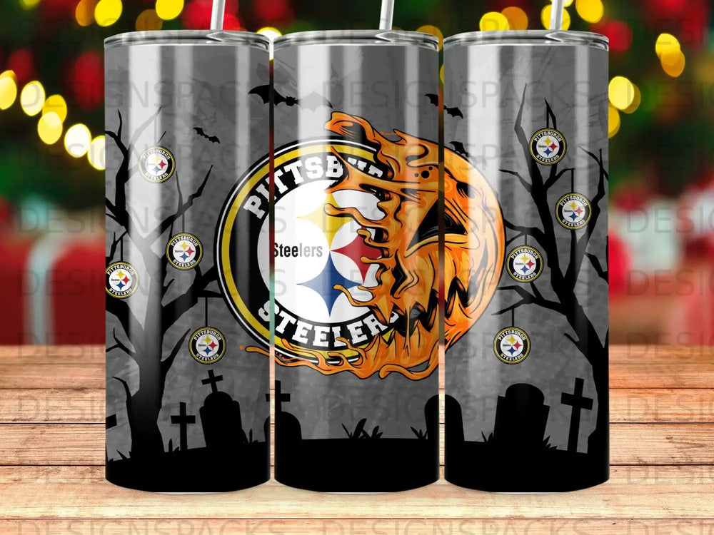 Pittsburgh Steelers logo with Halloween theme on a tumbler.