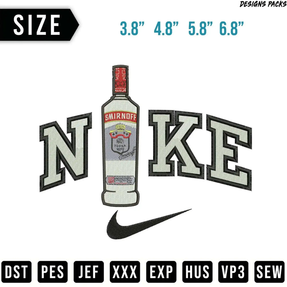 Smirnoff vodka bottle in front of Nike logo, sizes listed.