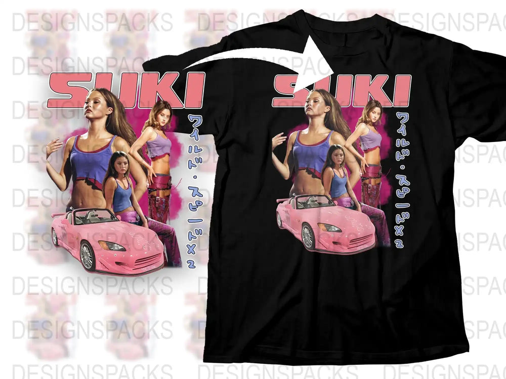 Women's Graphic Tee with Pink Car and Female Character, Stylish Retro Pop Culture T-Shirt
