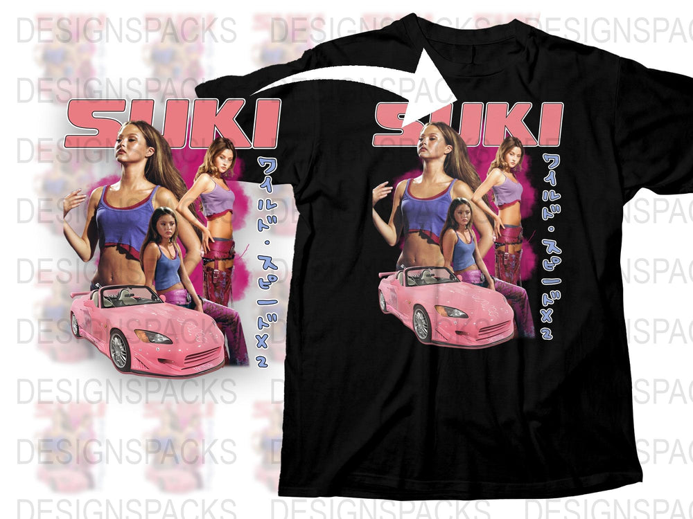 Women's Graphic Tee with Pink Car and Female Character, Stylish Retro Pop Culture T-Shirt