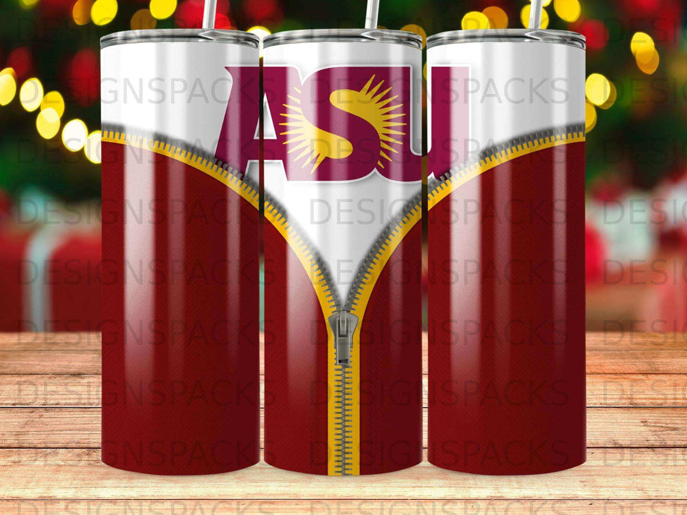 Two ASU logo tumblers with zippers opening to reveal gold detail.