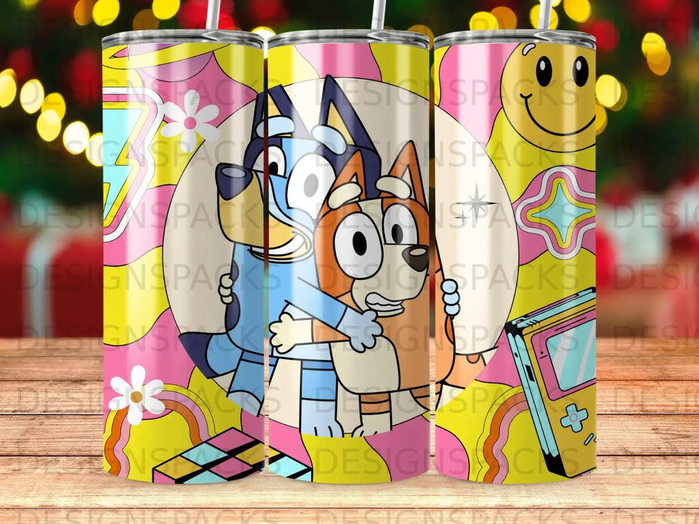 Bluey and Bingo hugging with colorful retro graphics and a smiling sun.