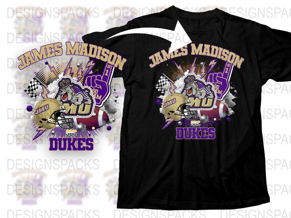 James Madison Dukes Graphic T-Shirt, Vintage College Football Tee, Sports Fan Apparel, Unisex Black Shirt with Helmet Design