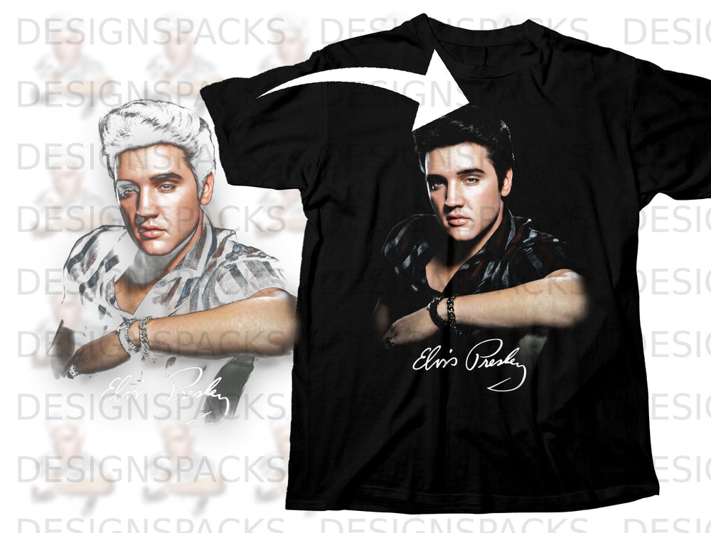 Black t-shirt with graphic of Elvis Presley and his signature.