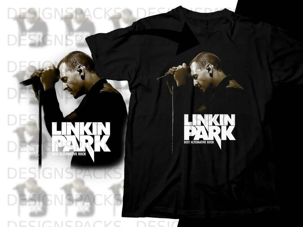 Linkin Park logo and band member on a black t-shirt.