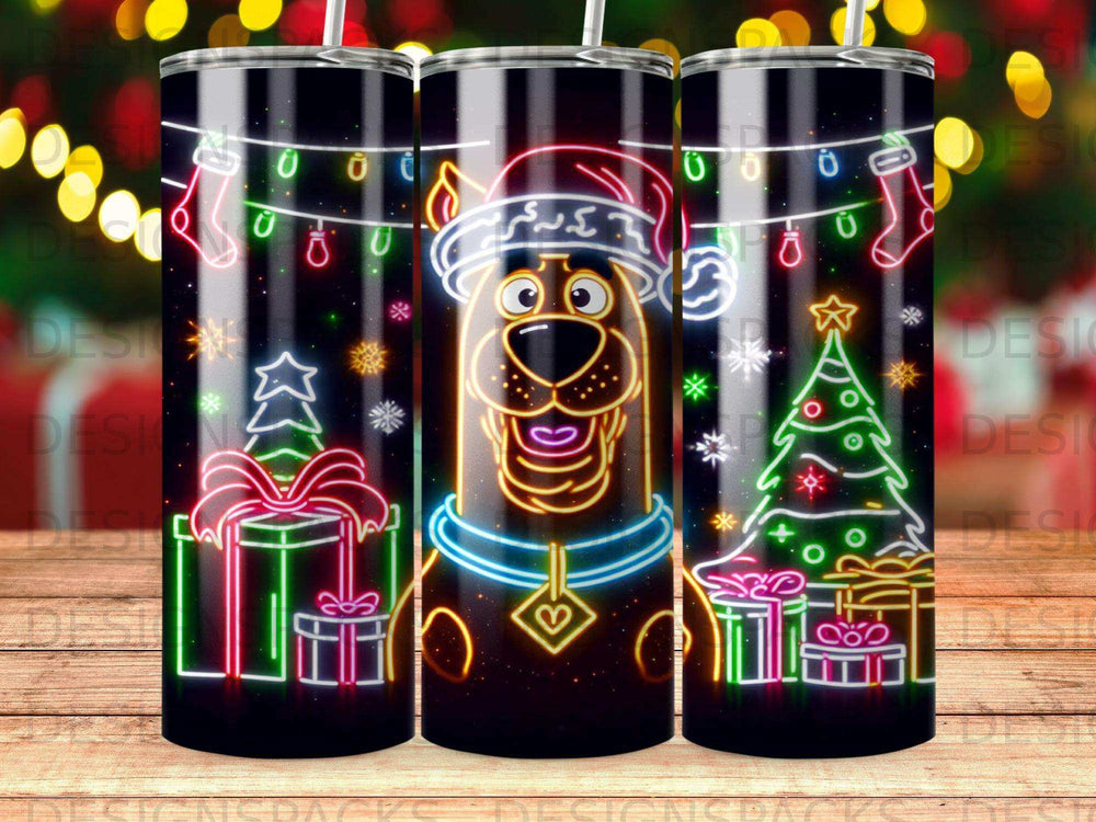 Neon Scooby-Doo in Santa hat with Christmas lights and gifts.