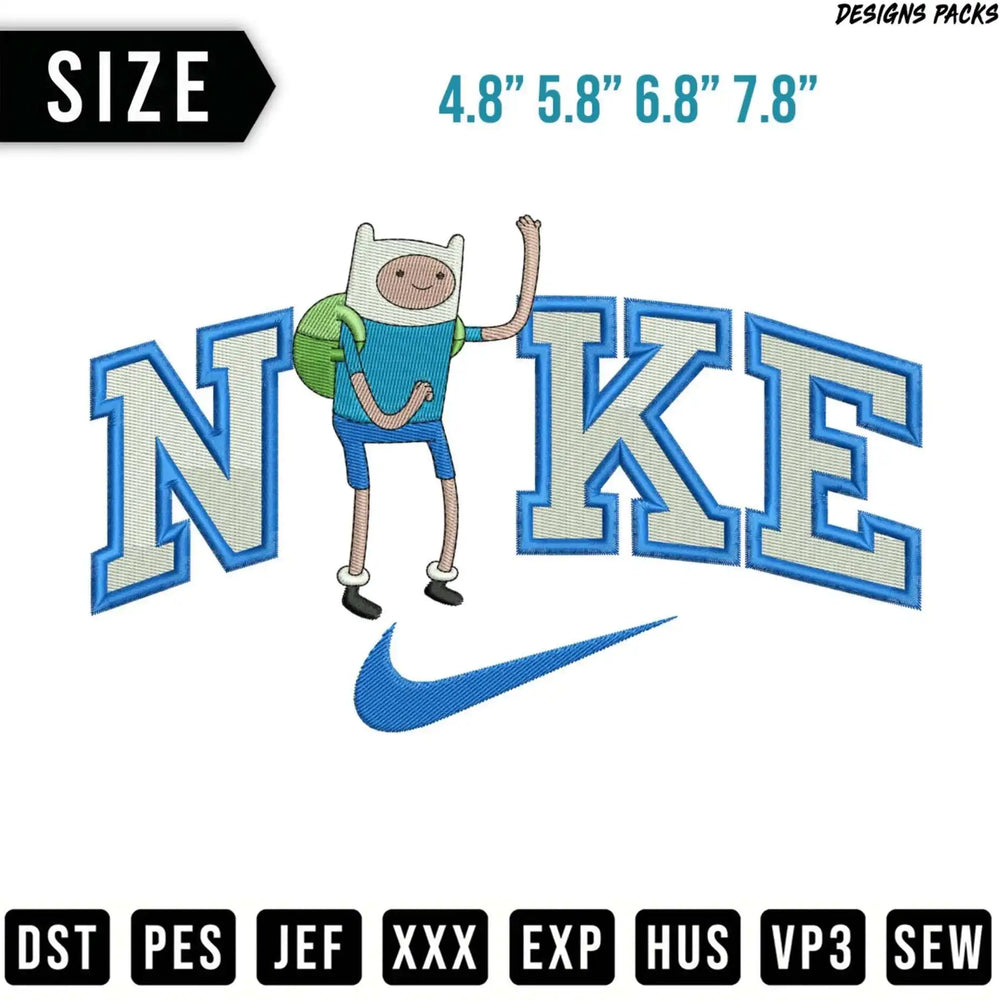 Embroidery design pack featuring the Nike logo with Finn the Human.