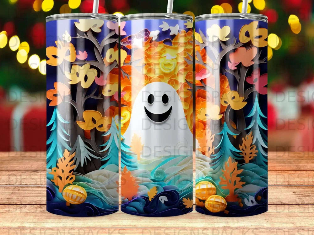 Halloween ghost among trees and pumpkins with sunset background.