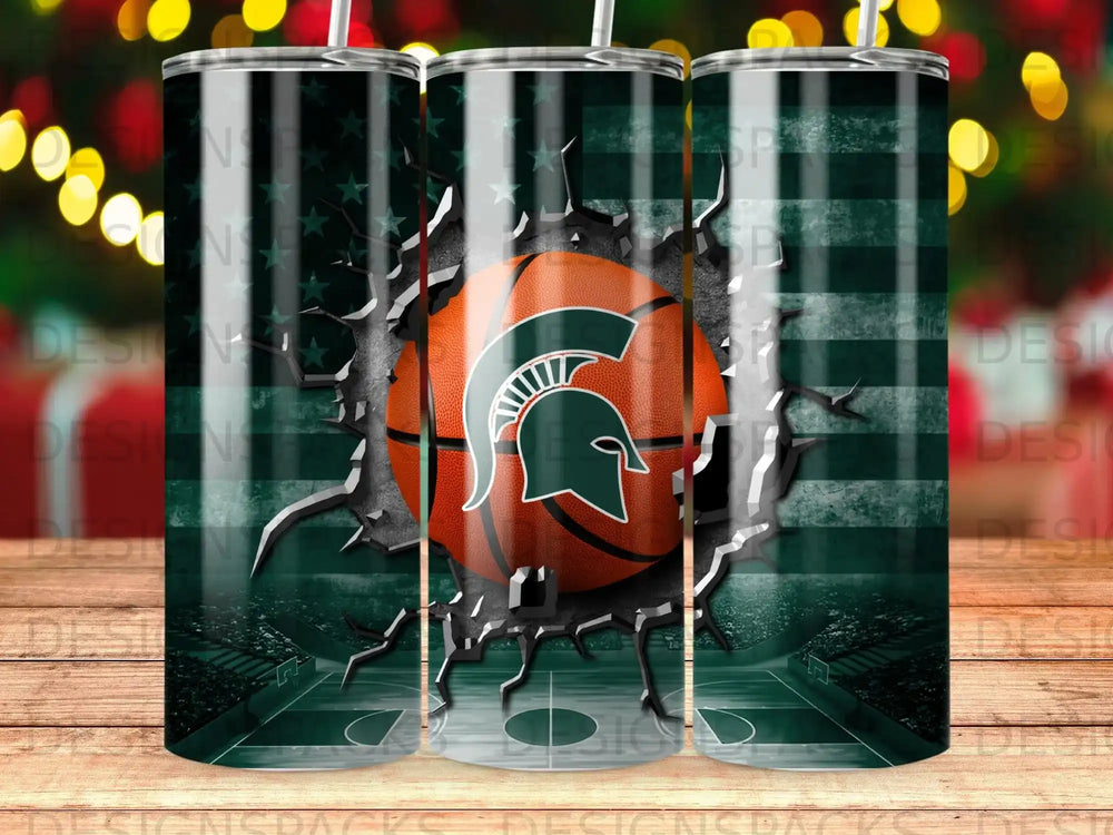 Michigan State Spartans logo basketball superimposed on a cracked American flag.