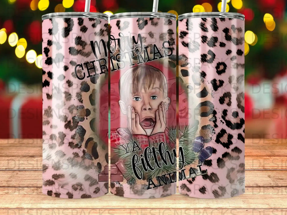 Christmas tumbler with "Merry Christmas Ya Filthy Animal" text and leopard print.