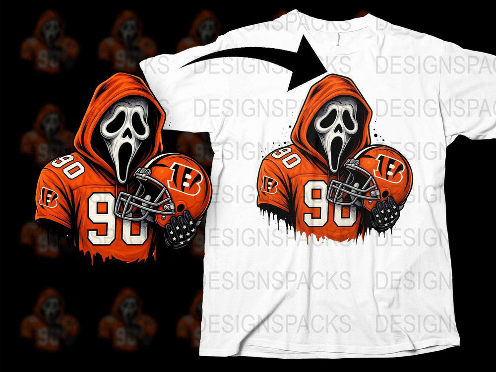 Scream Mask Football Jersey T-Shirt, Halloween Sports Fan Apparel, Orange and White Graphic Tee, Unique Horror Movie Inspired Clothing
