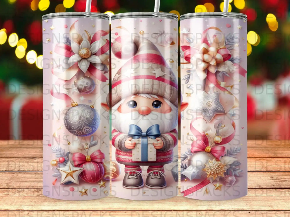 Christmas gnome with gift, surrounded by ornaments and bows, on a festive background.