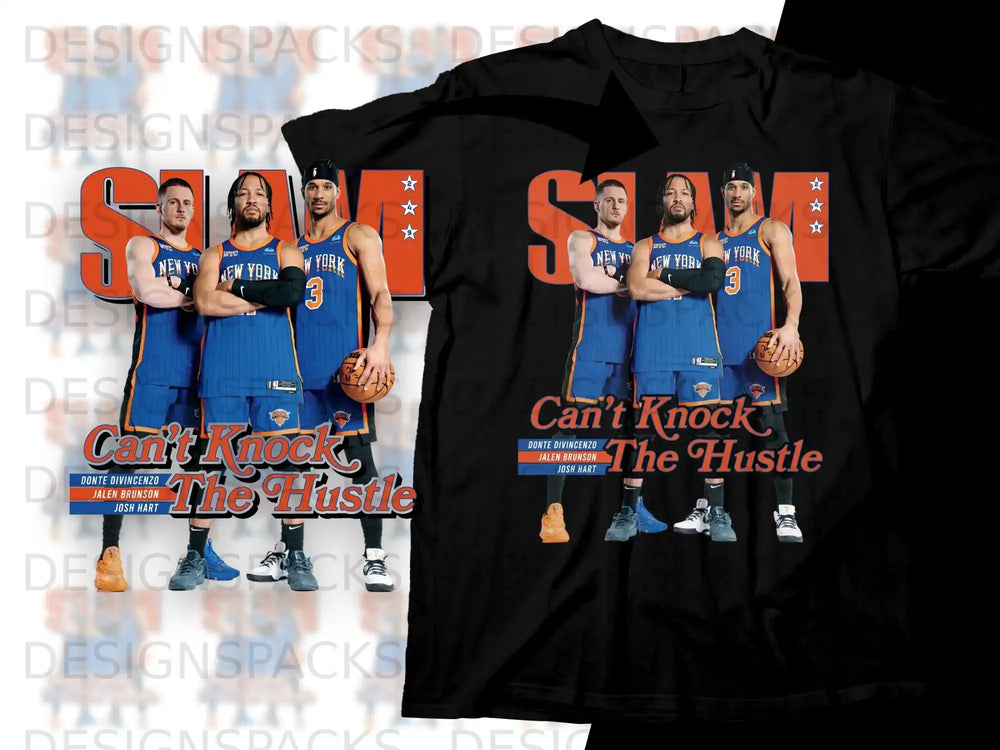 New York Knicks players Donte DiVincenzo, Jalen Brunson, and Josh Hart on black t-shirts.