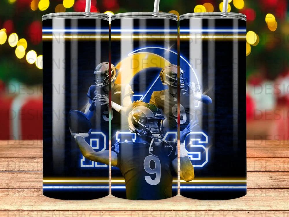 Los Angeles Rams players in uniform with team logo and blue and yellow stripes.