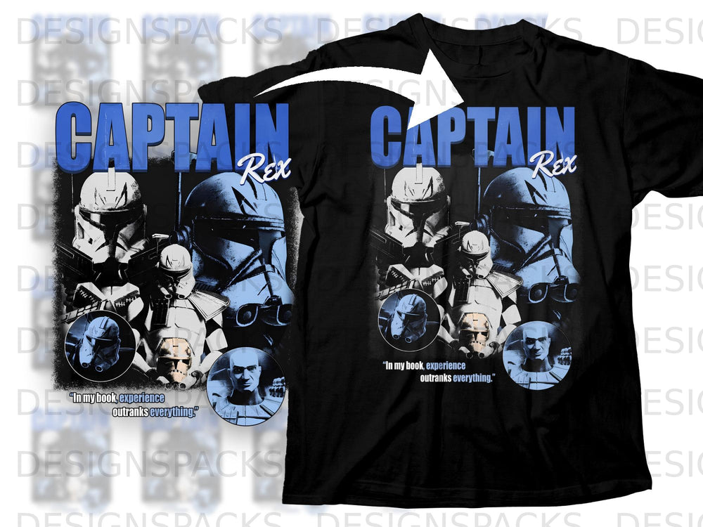 Captain Rex graphic t-shirt with clone troopers and quote.
