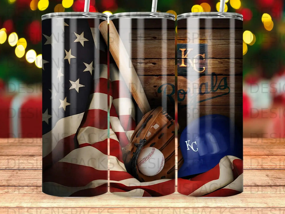 American flag, baseball glove, and KC Royals helmet against wood background.