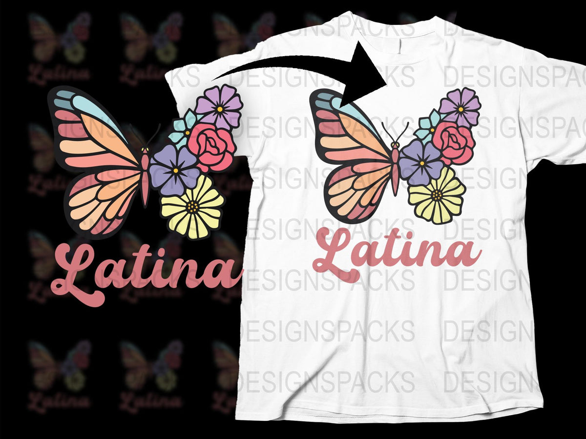 Latina Butterfly Floral Design T-Shirt, Colorful Spring Flowers Graphic Tee, Vibrant Feminine Casual Wear