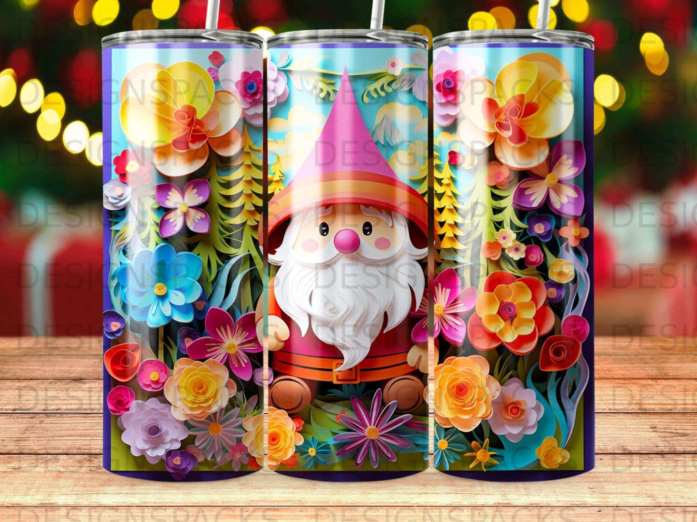 Gnome with flowers and colorful papercraft floral designs on a tumbler.