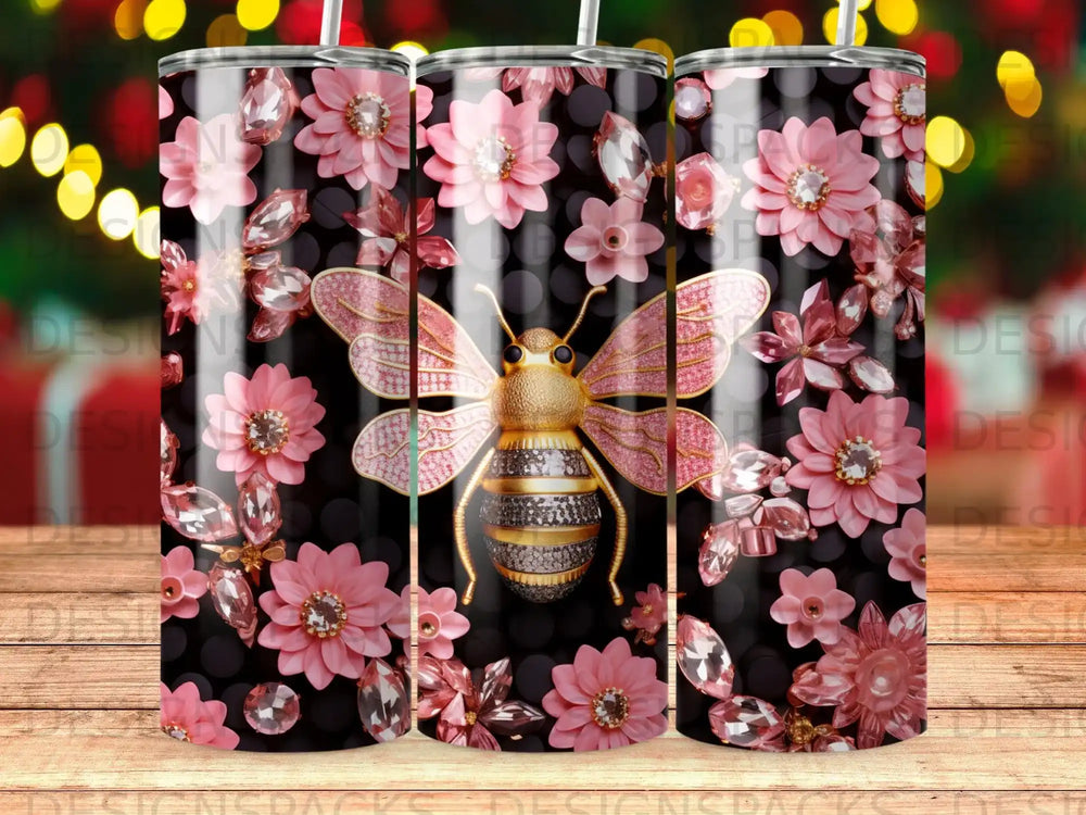 Pink floral pattern with a bejeweled bee on a black background.